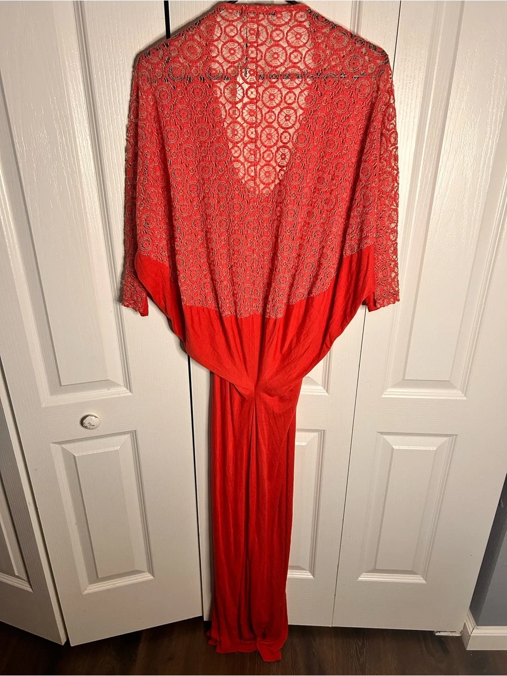 Fraiche by J Women’s S Red Lace Crotchet Sleeve Maxi Dress Elegant V-Neck NWT‎
